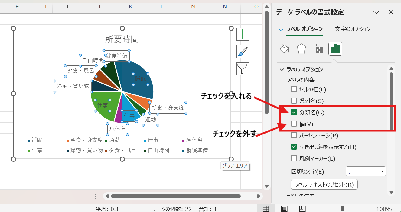 「値」のチェックを外し「分類名」にチェックを入れます